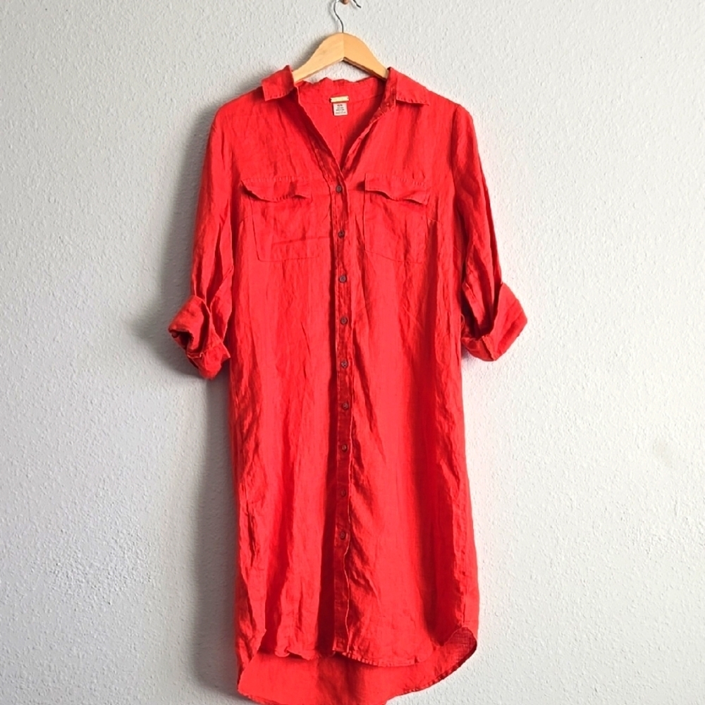 Magaschoni Orange 100% Linen Long Sleeve Shirt Button Down Dress Summer Dress